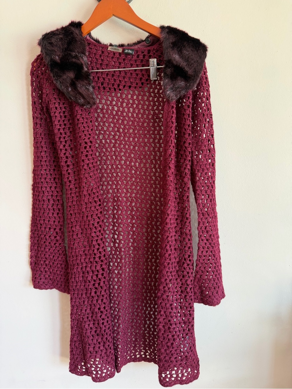 GUESS Burgundy Crochet Longline Cardigan Faux Fur Collar Wool Blend Small